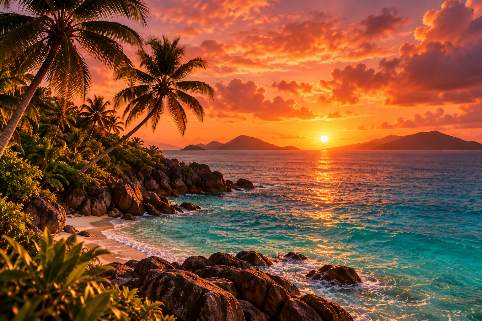 Caribbean palms and turquoise water at sunset