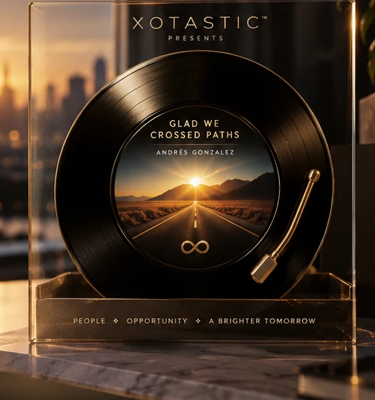 Glad We Crossed Paths, a golden vinyl record with Andrés Gonzalez's name