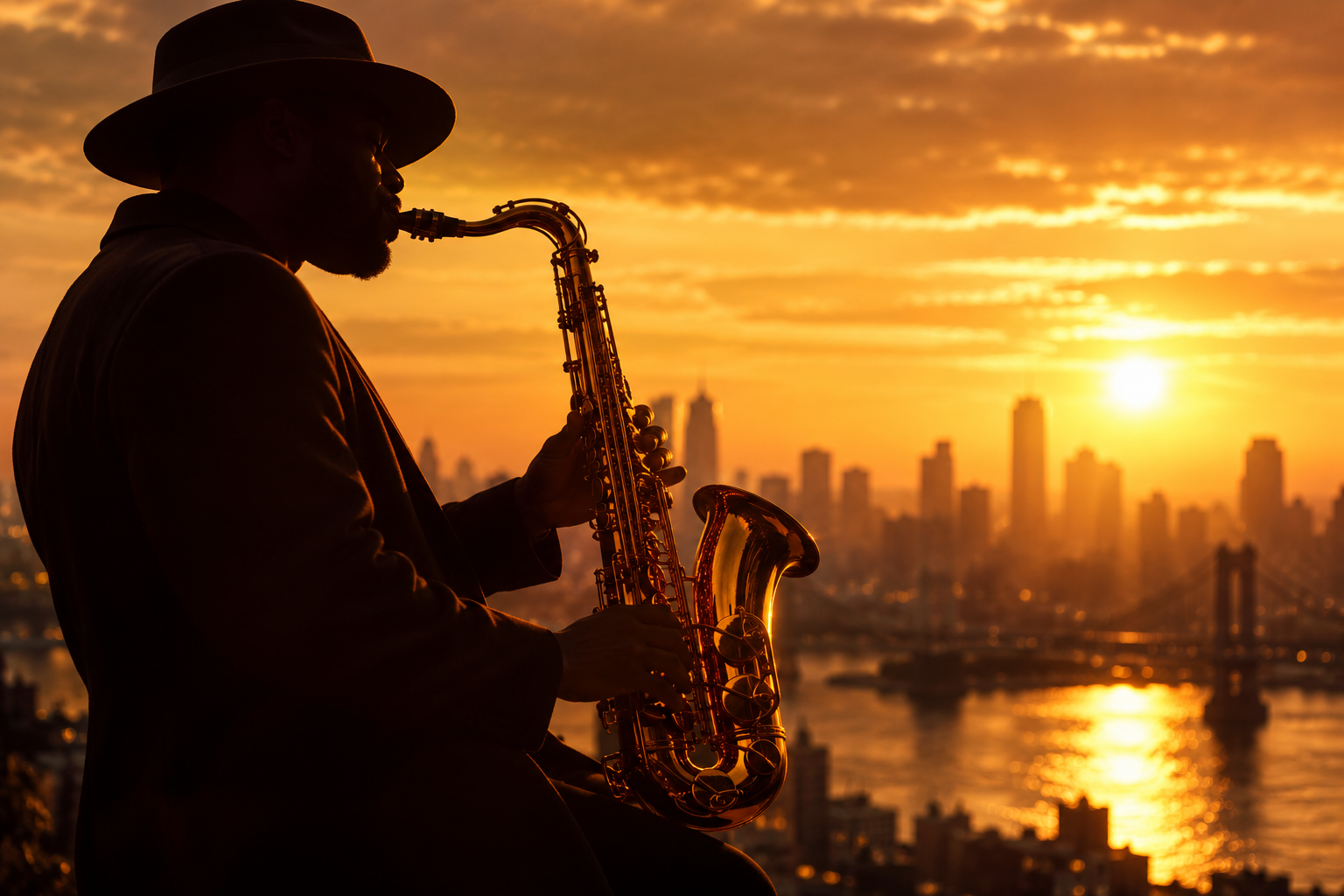 A saxophonist silhouetted in warm golden light